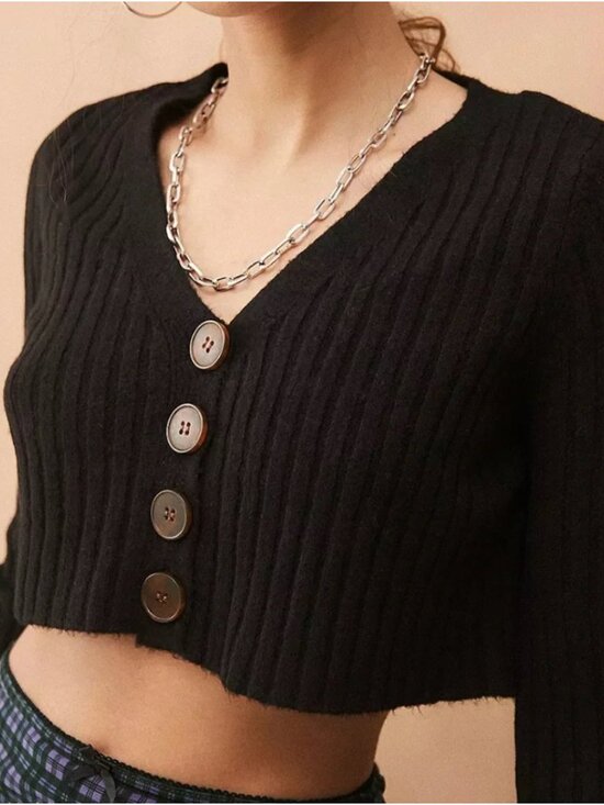 Urban Outfitters Sweaters - Urban Outfitters Rose Ribbed Cardigan in Black, Cropped, Chunky Buttons, XS